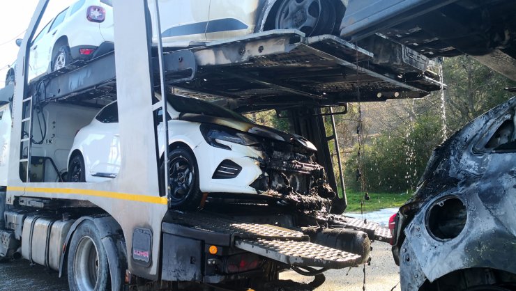 Tır'da Çıkan Yangında Dorsede Bulunan Sıfır Kilometre 6 Araç Yandı