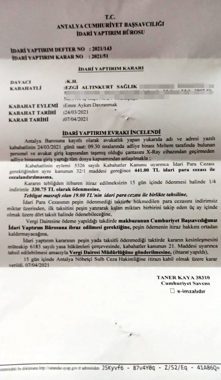 Çantasını X-ray Cihazından Geçirmeyen Avukata 441 Tl Ceza